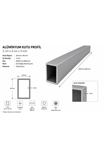 Marka Alüminyum kutu Profili GRİ 2 CM X 4 CM X 600 Cm