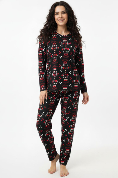 TOFİSA Patterned Suede Pajama Set - 28158-Black