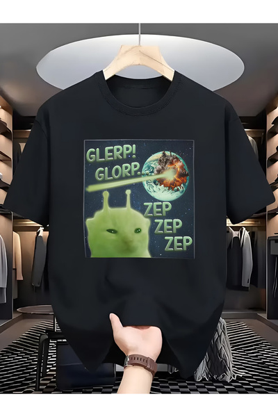 NOURAM تي شيرت بتصميم مضحك "Glerp Glorp Meme" مطبوع عليه قطة فضائية تدمر الأر...