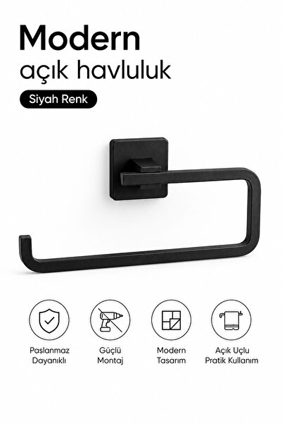 Badem10 Siyah Açık Havluluk Modern Tasarım Metal Banyo Havlu Askılığı Duvar M...