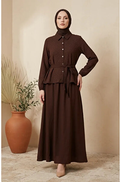 sefamerve Shirt Collar Buttoned Belted Hijab Double Set 0330-04 Brown
