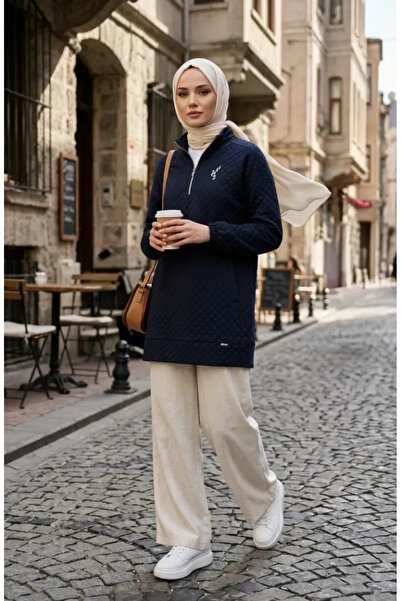 sefamerve High Collar Quilted Sweatshirt 71227-02 Navy Blue