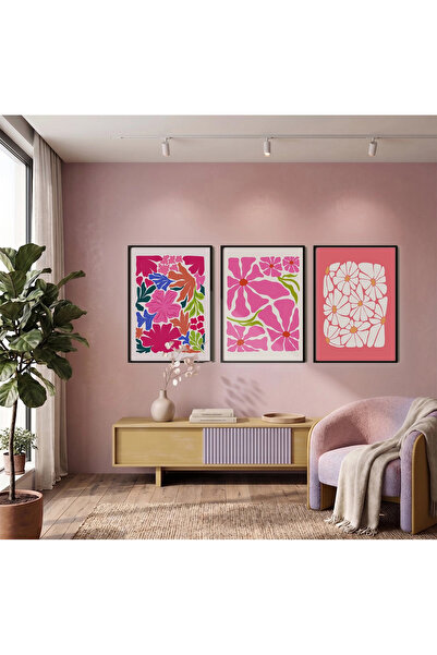 KOLAJTASARIM Compoziție florală roz vibrant, set de 3 tablouri cu ramă neagră...