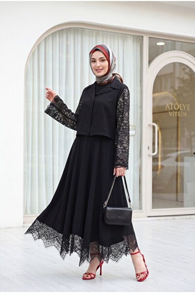 Modamorfo Single Button Sleeve and Skirt with Lace Detail Strawberry Set - Black