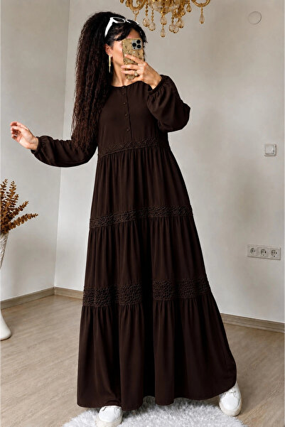 AZRA BUTİK Magnolia Pattern Lace Detailed Dress Brown
