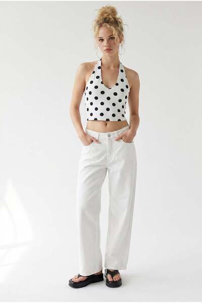 Mixray 2128 Women's Slim Seasonal High Waist Wide Leg Denim Trousers White