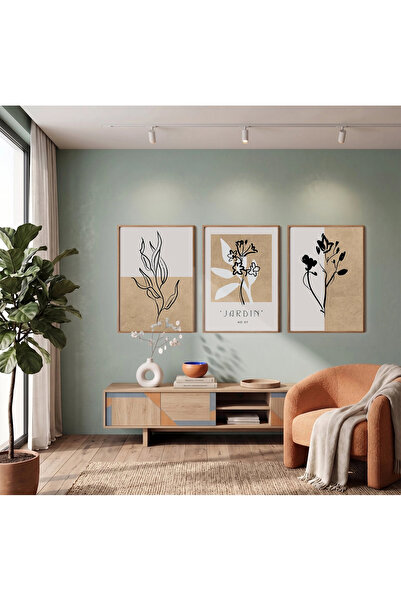 KOLAJTASARIM 3-Piece Wooden Framed Painting Set — Minimalist Jardin Plant Wal...