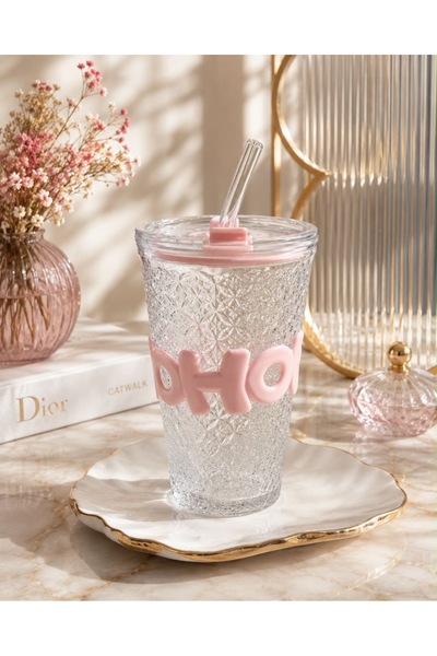 Shopping Fashion Patterned Glass Cup with Straw