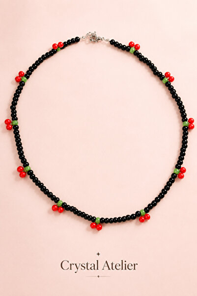Crystal Atelier Black Beaded Cherry Pendant Handmade Colorful Women's Necklace