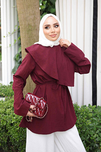 İmajButik Burgundy Front Detailed Waist Tie Tunic