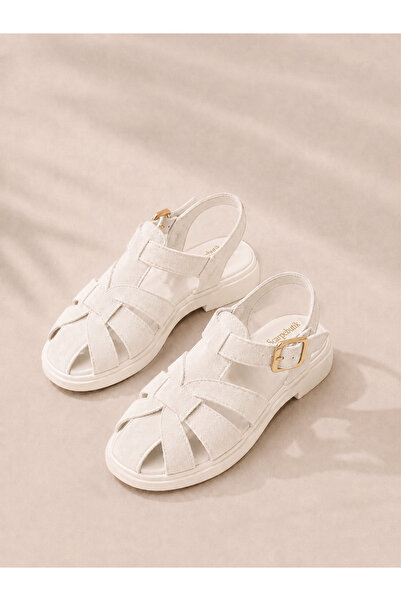 Scarpebutik Women's White Suede Sandals with Cage Buckle Detail