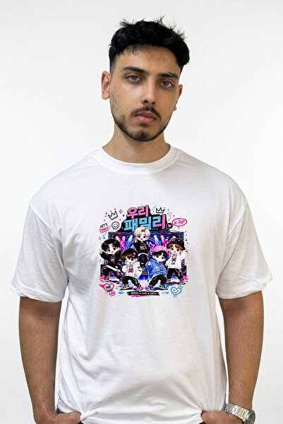 Anetos K Pop Chibi Design Printed Oversize White T-Shirt
