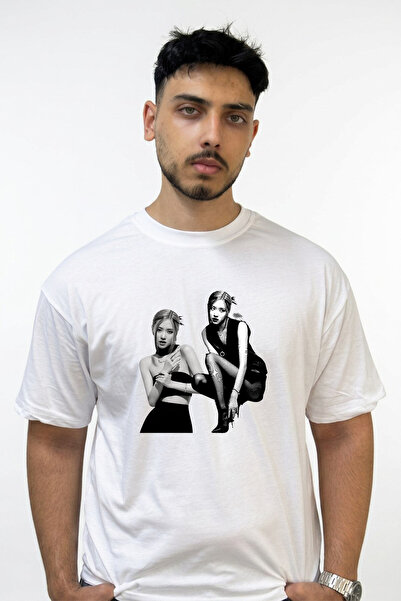 Anetos Rose Blackpink Design Printed Oversize White T-Shirt