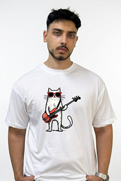Anetos Rocker Cat Design Printed Oversize White T-Shirt