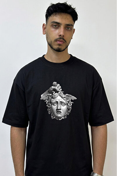Anetos Medusa Head Design Printed Oversize Black T-Shirt