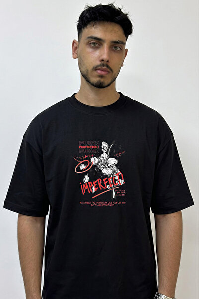 Anetos Cicek Flawed Design Printed Oversize Black T-Shirt