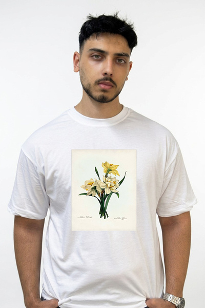 Anetos Narcissus Illustration Design Printed Oversize White T-Shirt