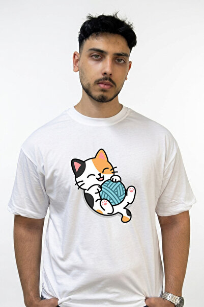 Anetos Μπλουζάκι με σχέδιο Cat Yarn Design, εμπριμέ, σε μεγάλο μέγεθος, λευκό