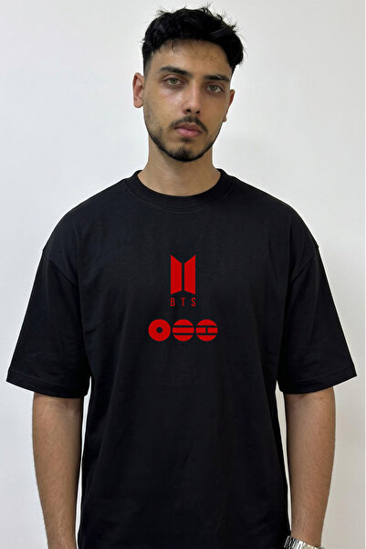Anetos Bts Logo Design Printed Oversize Black T-Shirt