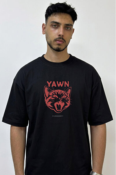 Anetos Tricou negru supradimensionat cu imprimeu Cat Yawn Design