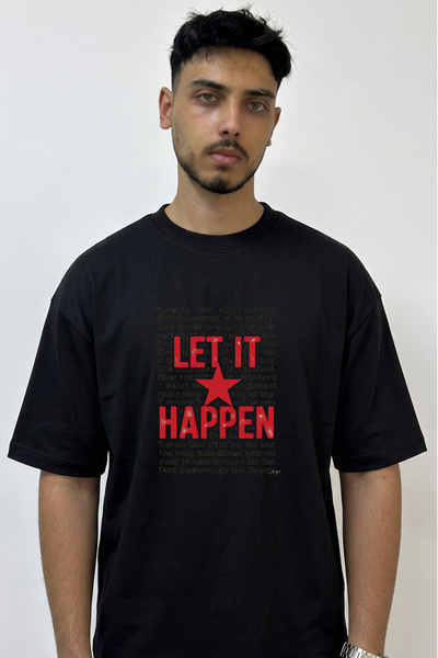 Anetos Let It Happen Design Printed Oversize Black T-Shirt