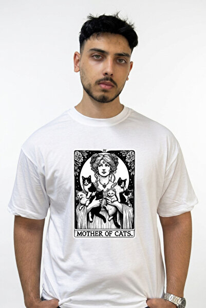 Anetos Mother of Cats Design Printed Oversize White T-Shirt