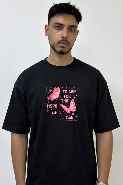 Anetos Pink Butterfly Design Printed Oversize Black T-Shirt