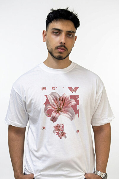 Anetos Pink Lily Design Printed Oversize White T-Shirt