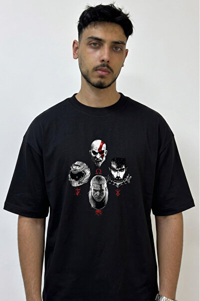 Anetos Kratos Geralt Guts Design Printed Oversize Black T-Shirt