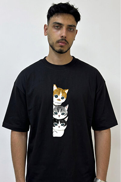 Anetos Cartoon Cats Design Printed Oversize Black T-Shirt