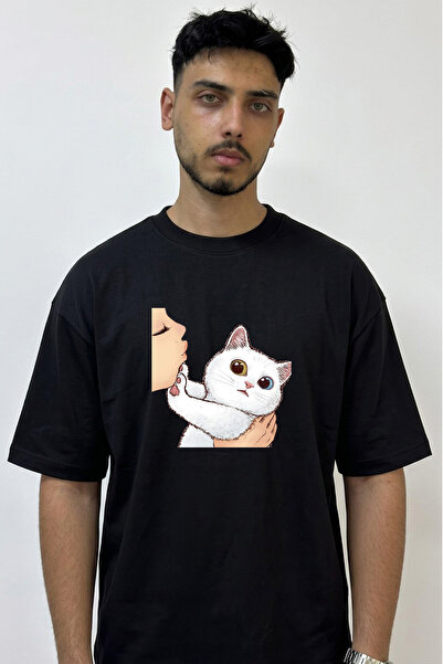 Anetos Cat Opucuk Design Printed Oversize Black T-Shirt