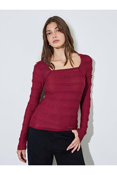 Styli Burgundy Textured Squared Neck Knit Top
