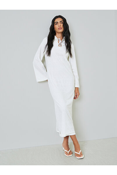 Styli White Eyelet Long Sleeves Shirt Maxi Dress