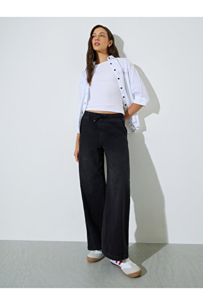 Styli Black Jogger Style Wide Leg Jeans with Drawcord