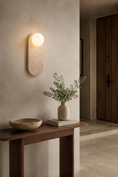 Baz Aydınlatma Travertine Opal Glass Globe Long Oval Wall Sconce G9 Bulb Incl...
