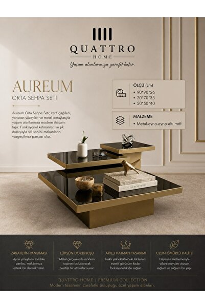 QUATTRO HOME Aureum 3'lü Orta Sehpa Seti Gold Metal Aynalı Modern Zigon Sehpa...