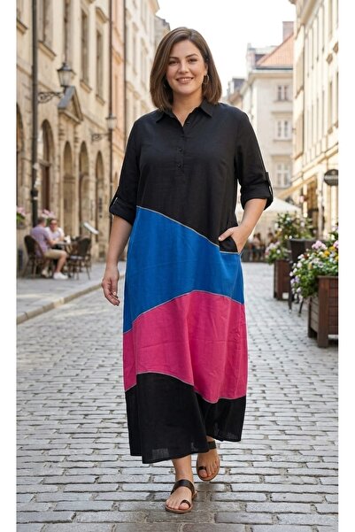 MAXLEVEL MODA Black Shirt Collar Pocket Detail Plus Size Women's Dress