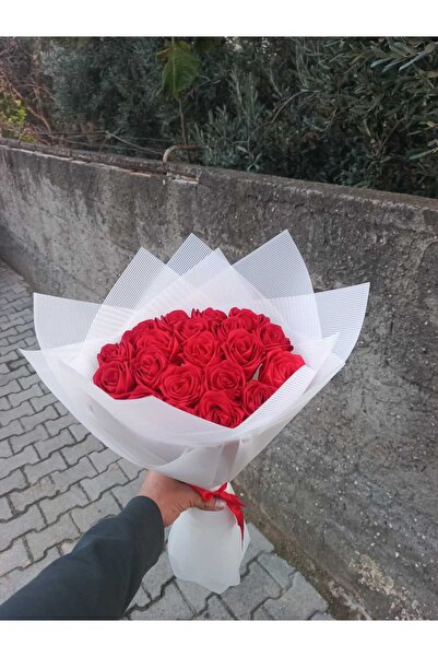 Özel Tasarım Yapay Kırmızı Gül Buketi - 19 Adet Saten solmayan Gül