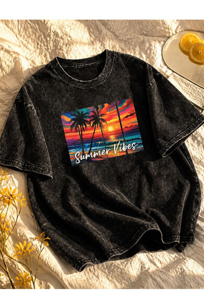 Pink Sky Μπλουζάκι Unisex Oversize με εφέ ξεβαμμένου υφάσματος, Vintage Stree...