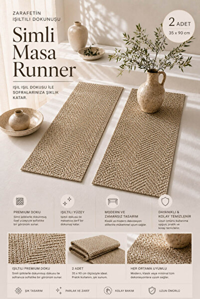 Anadolu Saray 2 Adet 35x90 cm Simli Masa Runner Şık Dokulu Dekoratif Runner Örtü