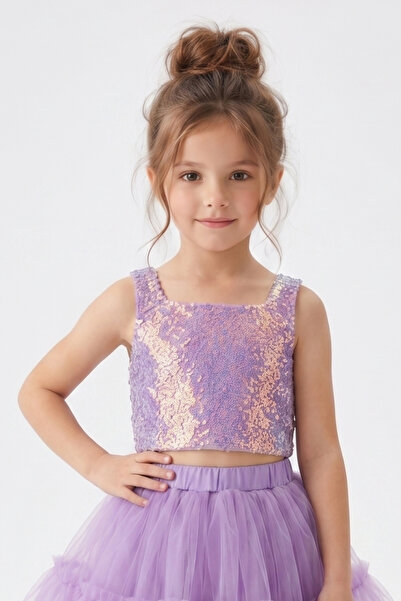 Le Mabelle Lilac Square Collar Sequined Girls' Sleeveless Crop Blouse - Cintia