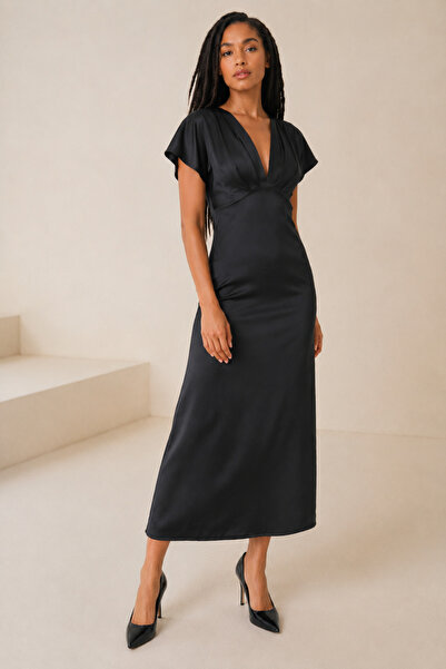 WOMAN VISION Black Satin Fabric Draped V-Neck a Line Cut Midi Evening Dress 7...