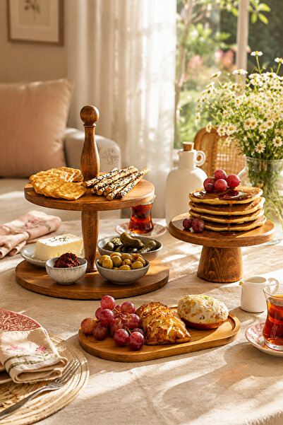 justwood 3-Piece Wooden Tea Presentation Set - 2-Tier Flat Plate Cake Stand, ...