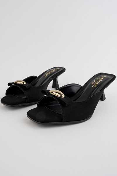 bakac store Stella Black Suede Bow Short Heeled Mule Slippers