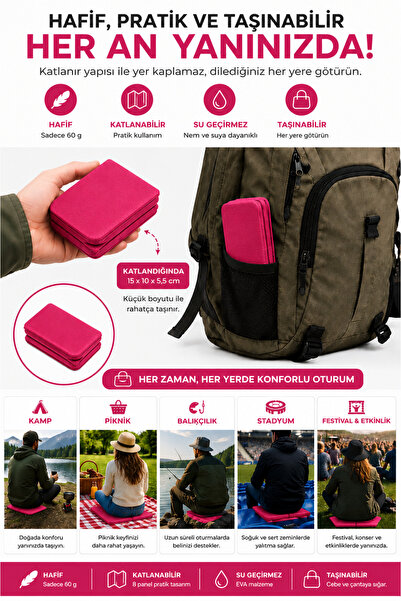 SALEMOON Katlanabilir Oturma Minderi – Pembe Kamp Minderi, Outdoor Aktiviteler İçin Hafif ve Taşınabilir Kamp Matı