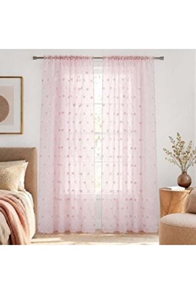 SHOPIENS Perdea din voal roz cu pompon 140 x 260 cm