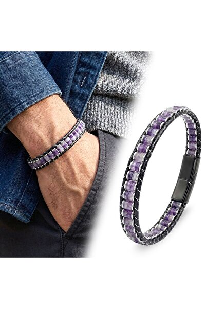 OGHAMAY Ametist & Hematite Steel Braided Leather Bracelet 18392B22D7