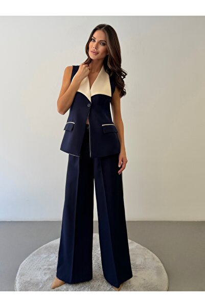 ossons Garnili Wide Collar Contrast Detailed Vest and Trousers Set - (Navy Bl...