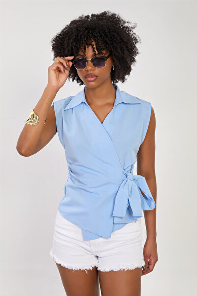 BARRELS AND OIL Women's Double-Breasted Collar Sleeveless Shirt with Side Tie...