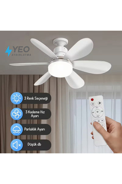 YEO AYDINLATMA LED Işık ve Fan Sessiz 3 Renk Modu ve 3 Hız Modu Kumandalı Tav...